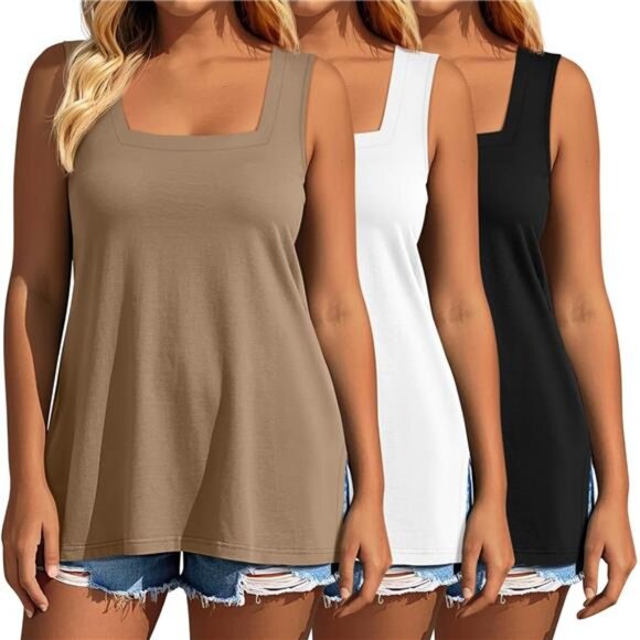 3 Pack Summer Plus Size Tank Tops for Women Sleeveless Tunic Shirts Square Neck - Picture 1 of 8